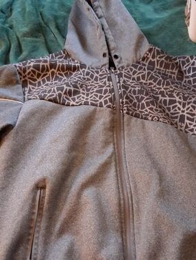 Gray Hooded Bomber Jacket with Patterned Yoke
